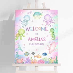 Letrero de bienvenida para cumpleaños bajo el mar, póster de animales del océano, decoración para fiesta de primer cumpleaños de niña, letrero para porche con animales marinos subacuáticos, editable AT07P