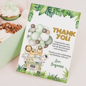 Safari babyshower bedankkaart jongen jungle verjaardag bedankje Wild One Party dierentuindieren ballonnen goud groen afdrukbare BS47G BT96G