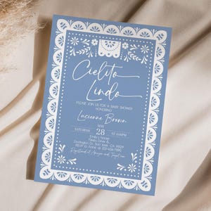 Cielito Lindo Baby Shower Invitation Blue Mexican Talavera Theme Baby Shower Invite Papel Picado Boy Baby Sprinkle Brunch EDITABLE AS42B