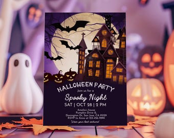 Halloween Haunted House Invitation, Spooky Night Invite, Pumpkin, Bats, 5x7, EDITABLE BT07V