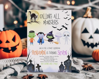 May include: A Halloween-themed invitation with the text "CALLING ALL MONSTERS" and "BENJAMIN IS TURNING SEVEN". The invitation features cartoon illustrations of a black cat, bats, and Halloween characters like Frankenstein, a vampire, a witch, a mummy, and a skeleton.