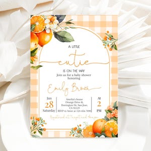 A Little Cutie is on the Way Invitation Orange Baby Shower Invite Clementine Gender Neutral Party Citrus Tangerine Floral EDITABLE AS46O