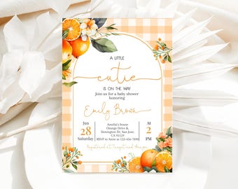 May include: A baby shower invitation with a peach and white gingham background. The invitation features a watercolour illustration of orange blossoms and the text "A Little Cutie is on the Way". The invitation also includes the date, time, and location of the shower.