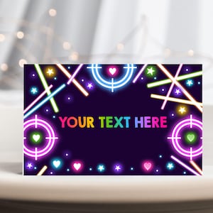 Laser Tag Food Tents Mädchen Gamer Geburtstagsdeko Kinder Neon Glow Party Pink Regenbogen Arcade Game Food Labels Printable Buffet Platzkarte BT63P