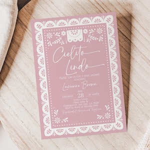 Cielito Lindo Baby Shower Invitation Pink Mexican Folk Baby Shower Invite Talavera Party Hermosa Carino Papel Picado Barro EDITABLE AS42P