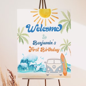 The Big One Surf Birthday Welcome Sign Boy Surfs Up 1st Birthday Decor Surfing Beach Party Poster Retro Surf Van Porch Sign EDITABLE AT01B