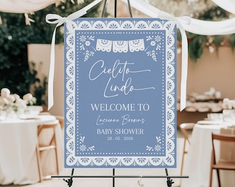 Cielito Lindo välkomstskylt blå mexikansk Talavera babyshowerdekoration Papel Picado-affisch pojke babyströssel brunch veranda REDIGERINGSBAR AS42B