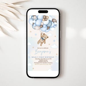 Teddy Bear Evite Beary Primo Compleanno Invito Digitale Erba Pampas Blu Palloncini Boho Telefono Cellulare Testo Elettronico Invito MODIFICABILE BT81B