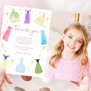 Prinzessin Geburtstag Foto Danke Karte Es war einmal Prinzessin Kleider Dankeschön Hinweis Royal Mädchen Rosa Dress Up Party Decor Printable AT14