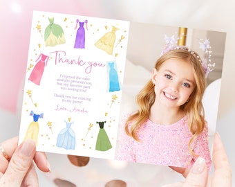 Princess Birthday Photo Thank You Card Once Upon a Time Princess Dresses Thank You Note Royal Girl Pink Dress Up Party Decor Printable AT14
