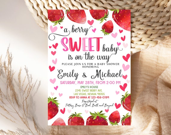 Editable Strawberry Baby Shower Invitation Berry Sweet Baby 