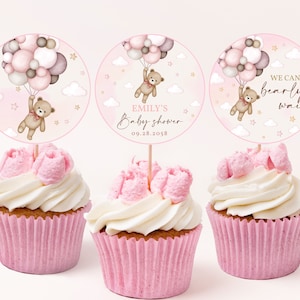 Topper per cupcake a forma di orsetto per baby shower, per bambine, decorazione per feste neutre, boho, rosa, mongolfiere, etichette per dessert, modello MODIFICABILE BS21P