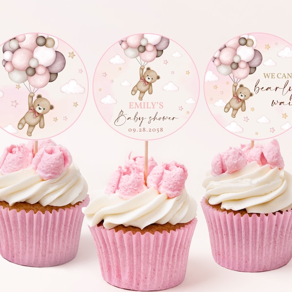 Teddy Bear Baby Shower Cupcake Toppers Girl Gender Neutral Party Decor Boho Pink Hot Air Balloons Dessert Labels EDITABLE Template BS21P