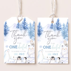 Etiquetas de recuerdo de Winter Onederland, etiquetas de regalo de Winter Wonderland, decoración para fiesta de primer cumpleaños de niño y niña, etiquetas de agradecimiento de oso polar, etiquetas imprimibles BT46B