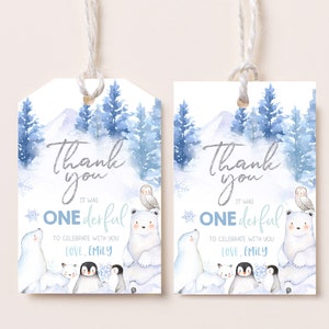 Winter Onederland Favor Tags Winter Wonderland Gift Tags Boy Girl 1st Birthday Party Decor Polar Bear Thank You Tags Printable Labels BT46B