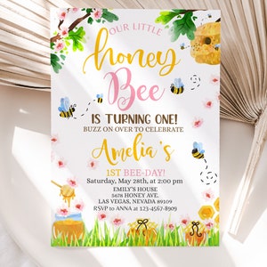 Invitación de abeja para fiesta de cumpleaños, primer día de la abeja, dulce margarita, girasol, tarjeta para baby shower, plantilla editable BTD065