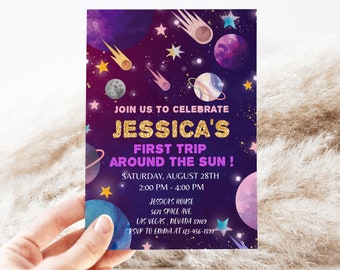 Space Invitation Birthday Party Invite First Trip Around the Sun Galaxy 1st Outer World Planet Girl Boy Digital EDITABLE Template BTD014