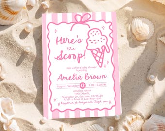 Ice Cream Baby Shower Invitation Girl, Here's the Scoop Invite, Coquette Pink Bow Striped, Hand Drawn Ribbon, Summer Party EDITABLE AS85P