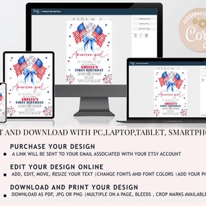 May include: Digital invitation design with a patriotic theme, featuring American flags, fireworks, and a blue bow. The text reads "American girl is turning one, Amelia's first birthday." Shown on a phone, tablet, laptop, and desktop computer.