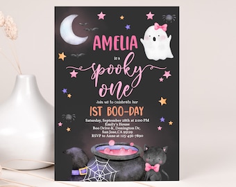 Halloween Birthday Invitation, Spooky One Invite, Cute Pink Ghost, 1st First Boo Day, Spooktacular Party, EDITABLE BT87KP