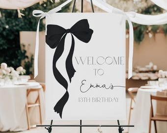 Black Bow Birthday Welcome Sign Coquette Girl Birthday Poster Modern Minimalist Black Ribbon Party Decor Elegant Porch Sign EDITABLE AT63K