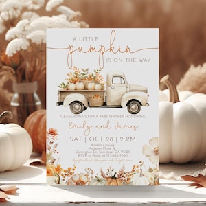 Pumpkin Truck Baby Shower Invitation Little Pumpkin Boho Beige White Truck Invite Fall Autumn Leaves Pumpkin Patch Party EDITABLE BS98O