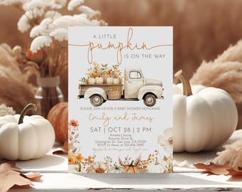 Pumpkin Truck Baby Shower Invitation Little Pumpkin Boho Beige White Truck Invite Fall Autumn Leaves Pumpkin Patch Party EDITABLE BS98O