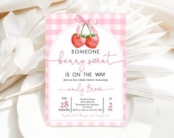 Someone Berry Sweet Baby Shower Invitation Strawberry Baby Shower Invite Red Pink Coquette Bow Gingham Fruit Baby Sprinkle EDITABLE AS25P
