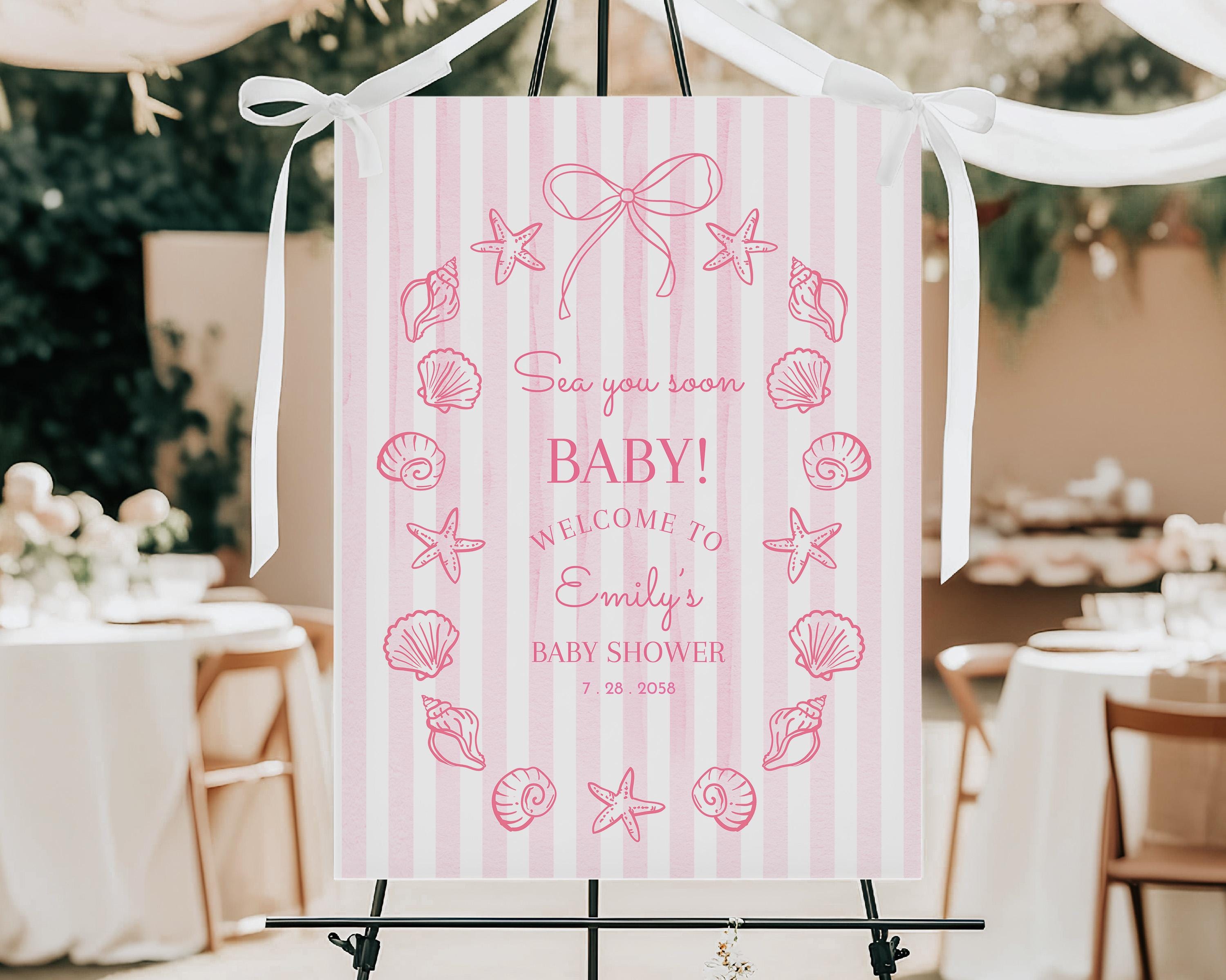 Sea You Soon Baby Shower Welcome Sign, Pink Seashells Coastal Party ...