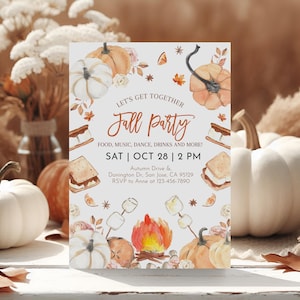 Könnte beinhalten: Einladung zu einer Herbstparty mit Aquarelldesign mit Kürbissen, Blättern und einem Lagerfeuer mit Marshmallows. Der Text lautet "Let's get together Fall party Food, music, dance, drinks and more! Sat | Oct 28 | 2 PM Autumn Drive & Donington Dr. San Jose, CA 95129 RSVP to Anne at 123-456-7890"