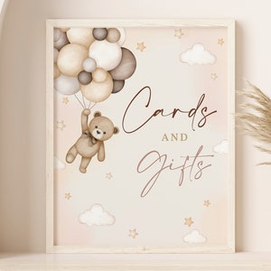 Panneau de table ours en peluche, cartes et cadeaux Boho, baby shower, anniversaire, herbe de la pampa, ballon beige, décoration de fête, modèle imprimable BS21E BT81E