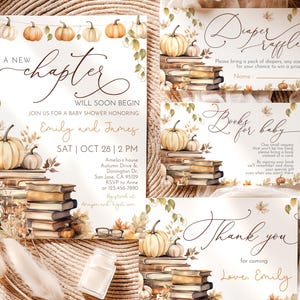 Storybook Baby Shower Invitation Bundle New Chapter Will Soon Begin Book Gender Neutral Invite Set Autumn Fall Floral Pumpkin EDITABLE AS06O