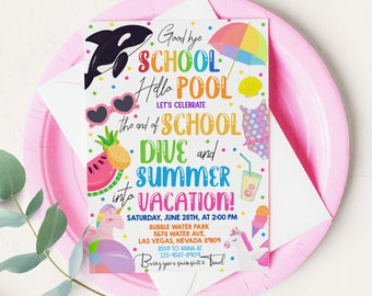 Ende der Schule Einladung Kick Off zur Sommerparty lädt Popsicle Swim Pool Palm Tree Schule Pause EDITIERBAR Digital Printable HL27