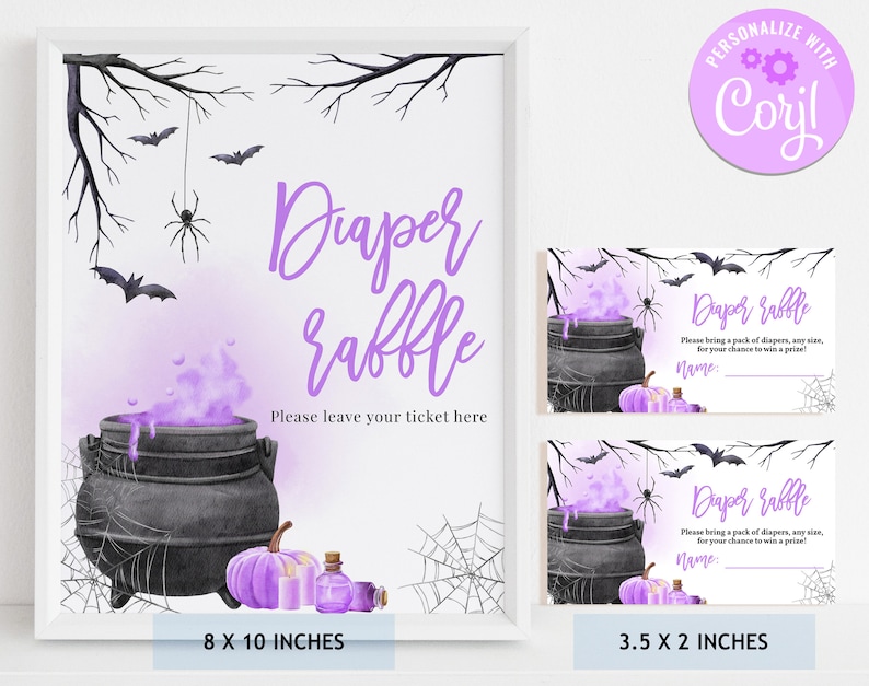 Cauldren Raffle Table A Baby is Brewing Table Sign Diaper Raffle Ticket Girl Purple Halloween ...