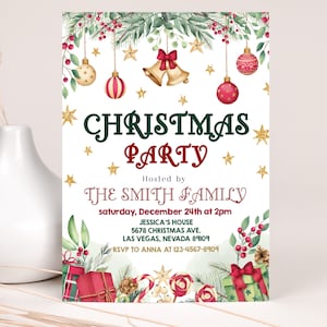 Weihnachtsfest-Einladung Happy Winter Holiday Party einladen Klassisches Weihnachtsessen Brunch Cocktail Teeparty Rot Grün Printable HL13