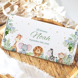 Safari Chocolate Wrapper Jungle Baby Shower Party Favor Sticker Label Wild One Candy Eucalyptus Tropical Green Leaf Animal Printable BBS005