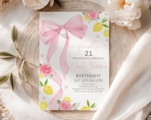 Freshly 21 Lemon Birthday Invitation, Pink Bow Rose Floral Invite, Citrus Sweet Girl, Coquette Ribbon Flowers, Lemonade Theme EDITABLE CT20P