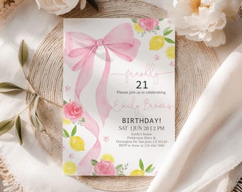 Freshly 21 Lemon Birthday Invitation, Pink Bow Rose Floral Invite, Citrus Sweet Girl, Coquette Ribbon Flowers, Lemonade Theme EDITABLE CT20P