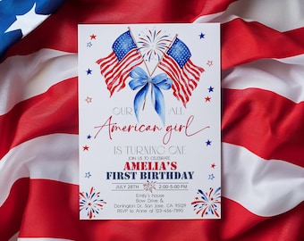 All American Girl Birthday Invitation 4th of July Patriotic Birthday Invite Independence Day USA Flag Blue Bow Fireworks EDITABLE AT86R