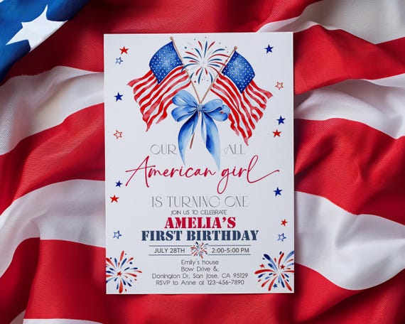 All American Girl Birthday Invitation 4th of July Patriotic Birthday Invite Independence Day USA Flag Blue Bow Fireworks EDITABLE AT86R