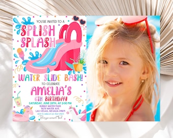 Waterslide Birthday Photo Invitation Summer Pool Party Birthday Invite Pink Water Slide Splish Splash Bash Waterpark Unicorn EDITABLE BT77P