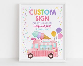 Ice Cream Truck Custom Sign Girl 1st Birthday Party Decor Summer Party Table Sign Two Sweet One Here's the Scoop Poster EDITABLE BT69P
