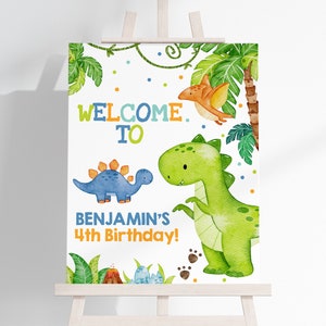 Dinosaur Birthday Welcome Sign Boy 1st Birthday Decor Dino Party Poster Jungle Animals Wild Stomp Chomp Roar Rawr Porch Sign EDITABLE BT16B