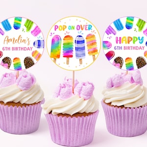 Ijslolly verjaardag cupcake toppers jongen meisje verjaardagsfeestje decor ijs zomer partij dessertetiketten pop op over bewerkbare sjabloon BT79P