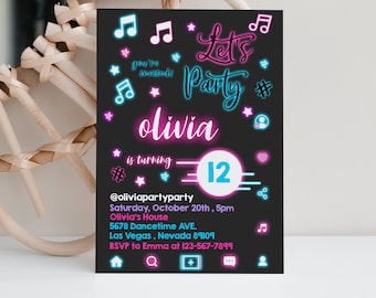 Musical Birthday Girl Invitation Music Inspired Party Invite Girl Teen Music App Dance Neon Glow Purple Pink Digital EDITABLE Template BT19