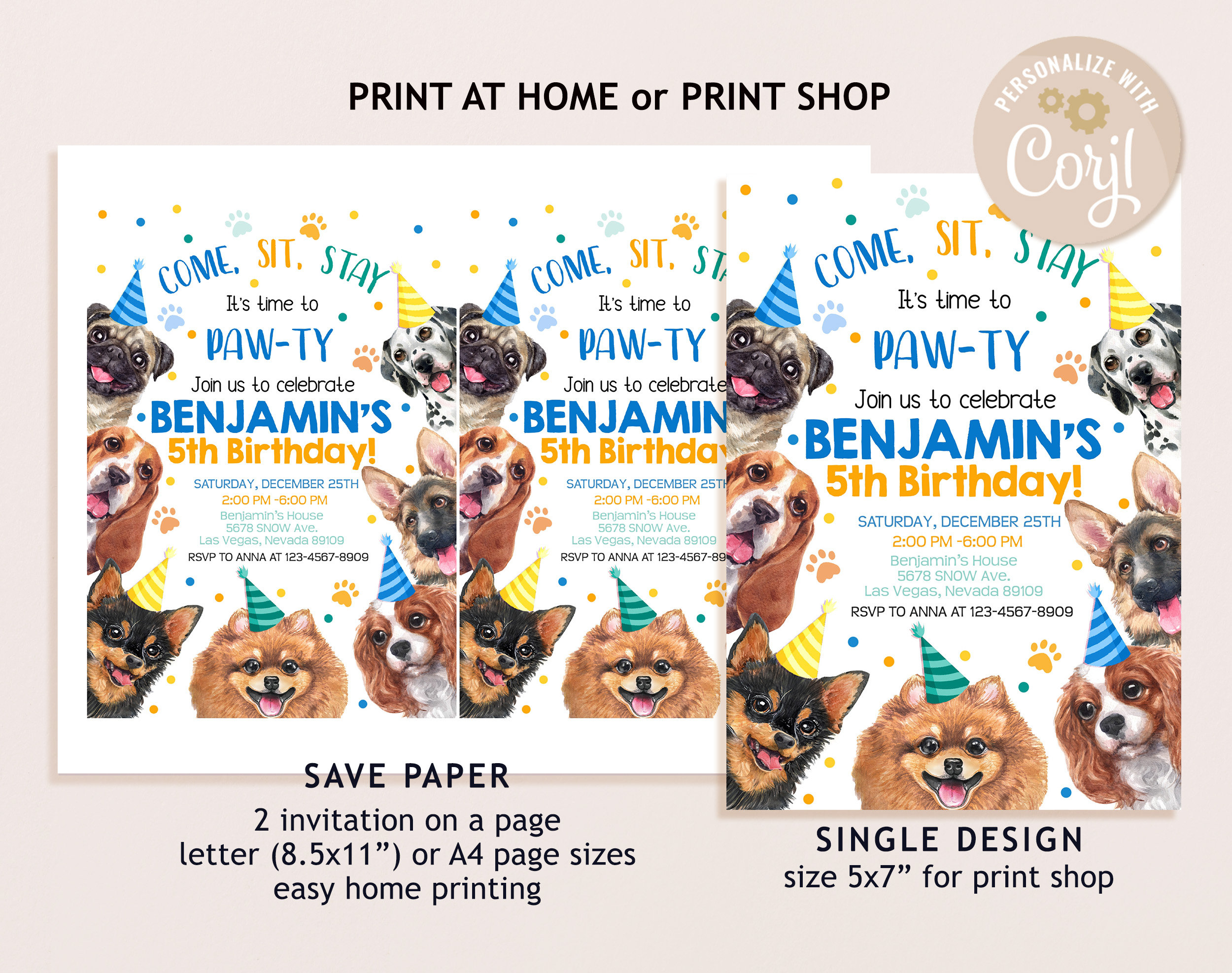 Dog Birthday Invitation Boy 1st First Birthday Party Invite Blue Puppy ...