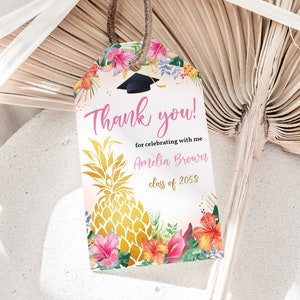 Tropische Abschlussfeier Geschenkanhänger Ananas Abitur Danke Aufkleber Aloha Luau Gold Sommer Hawaiianische Party Druckbare Vorlage HL42