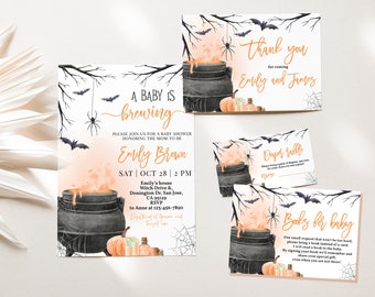 Puede incluir: Un conjunto de cuatro invitaciones para baby shower con temática de Halloween con un caldero, murciélagos, arañas y calabazas. Las invitaciones son para un baby shower para Emily Brown. El texto en las invitaciones dice "A Baby is Brewing", "Thank You for Coming Emily and James", "Diaper Raffle" y "Books for Baby".