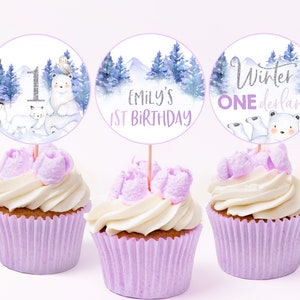Hiver Onerderland Cupcake Toppers Pays des Merveilles Garçon Fille Premier 1er Anniversaire Party Decor Ours Polaire Animaux De L'Arctique Pièce maîtresse imprimable BT46HV