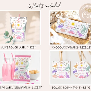 May include: Printable dinosaur party favour labels for juice pouches, chocolate wrappers, chip bags, and square and round tags. The labels feature a colourful dinosaur design with the text "stomp chomp roarrrr!" and "Amelia's 3rd Birthday".